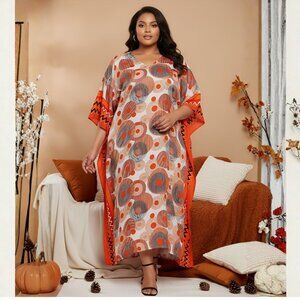 Women Plus Size Fit and Flare Floral Printed Orange Kaftan Dress by Gypsie Blu